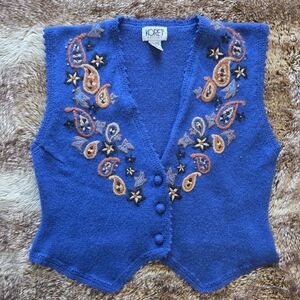 Koret Petites Sweater Vest Women’s | Embroidered Paisley Boho Blue Knit Vest | M